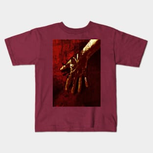 Digital collage, special processing. Red tint, gold hand, mystic. Ugly grainy texture on close up, so beautiful on distance. Kids T-Shirt